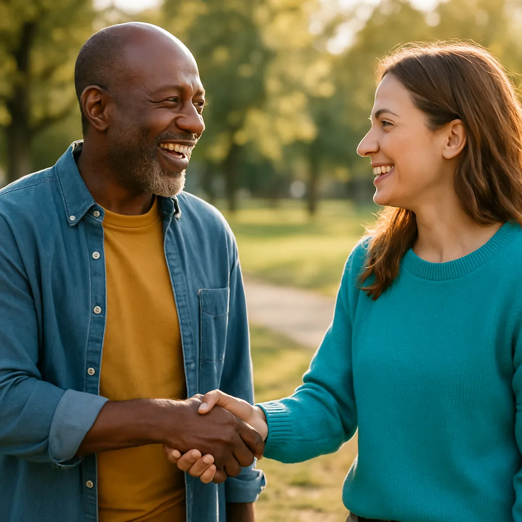 Two people meeting at a local park — genuinely local Fife dating