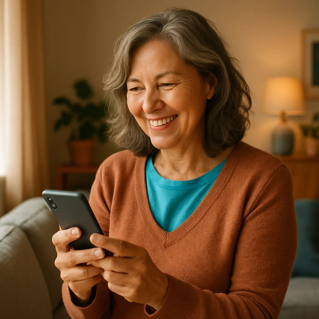 Smiling woman confidently checking her phone — verified profiles on The Fife Dating Site